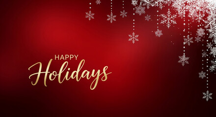 Red background with white snowflake and dot decoration, golden "Happy Holidays" text, festive and elegant, representative of winter holiday season