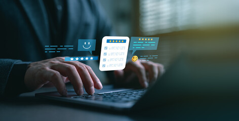 Hands typing on laptop with virtual feedback forms and rating icons. Concept for customer experience, online review analysis, product satisfaction, service improvement, and UX optimization.