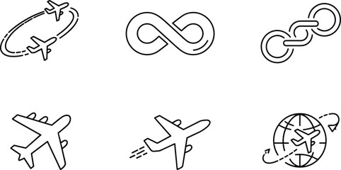 Airplane travel icons with infinity and chain symbols aircraft journey