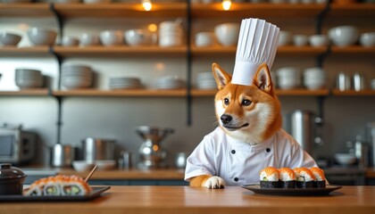 Shiba Inu dog wears chef hat and uniform in sushi restaurant kitchen. Canine cook prepares food, sushi rolls on table. Pro pet chef works with kitchen equipment, serves Japanese cuisine.