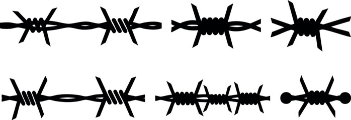 Fototapeta premium Barbed wire vector illustration with sharp points and twisted strands in black silhouette style for design and security concepts