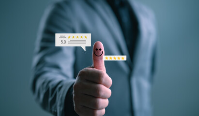 Customer giving thumbs up with smiley face and five-star rating. Concept for satisfaction guarantee, positive feedback, trusted service, product quality, and excellent customer experience.