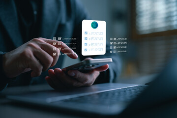 Man using smartphone to complete digital mental health assessment checklist. Concept for online therapy, self-evaluation, emotional wellness, psychology tools, and mobile healthcare apps.