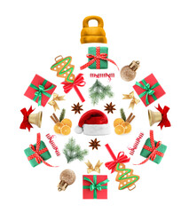 Fototapeta premium Christmas ball shape made of festive decor, gift boxes and cookies on white background