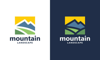 Mountain hills logo design vector illustration. Mountain hills peak summit with square shape graphic Icon, symbols, creative