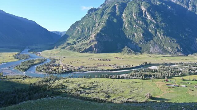 Panoramic view of the Karasu Gorge with the Chulyshman River flowing through it. Altai Republic, Russia
