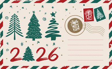 New Year 2026 card, postcard, hand drawn illustration.	
