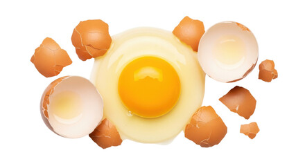 Fresh raw chicken egg yolk and albumen surrounded by brown cracked shells for cooking
