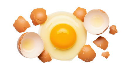 Fresh raw chicken egg yolk and albumen surrounded by brown cracked shells for cooking