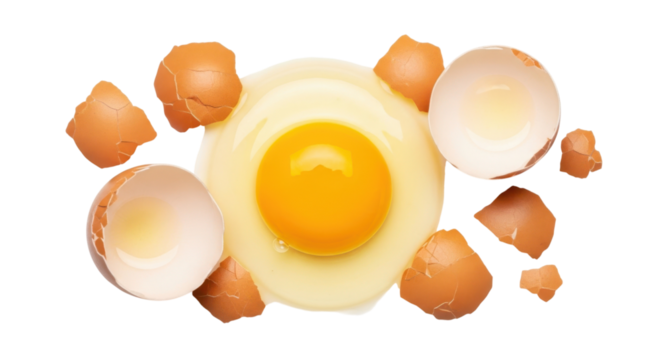 Fresh raw chicken egg yolk and albumen surrounded by brown cracked shells for cooking
