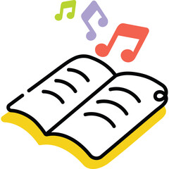 Open Book With Colorful Musical Notes Floating Above A Yellow Base On A White Background