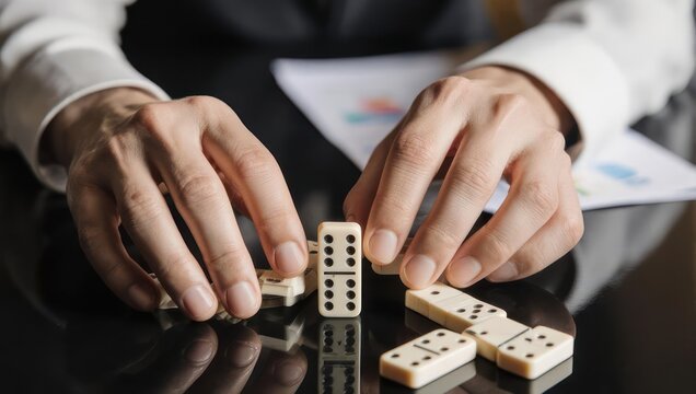 Close-up of hands playing dominoes on a dark reflective surface. - Powered by Adobe