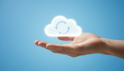 Hand holding glowing cloud icon with circular refresh arrows, symbolizing secure cloud computing, data synchronization, backup and online storage on a modern blue background