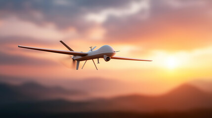 Fototapeta premium Unmanned military drone in flight defocused sky surveillance, faceless aerial mission, reconnaissance visualization detail, blurred atmospheric background, military concept, UAV in