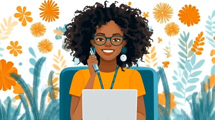 Cheerful professional works amidst floral background