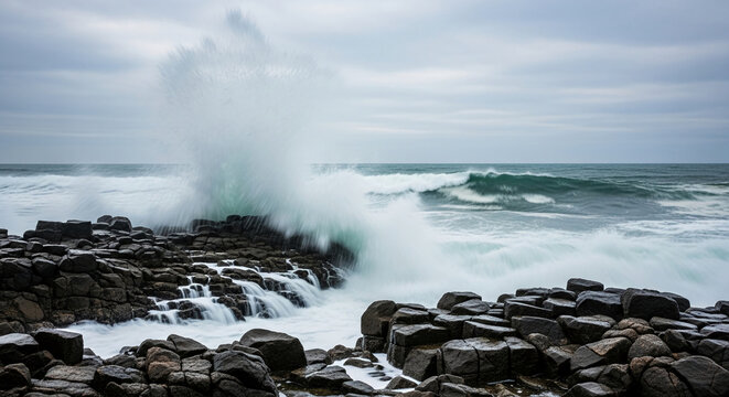 Long exposure of turbulent sea with large wave crashing on dark basalt rock formation, showcasing power and natural force, representing coastal landscape