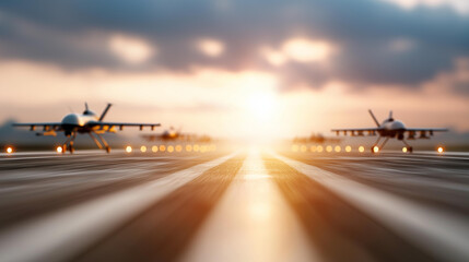 Army of military drones on runway defocused airfield, faceless unmanned fleet, aircraft visualization detail, blurred military background, deployment concept, tactical interface, a