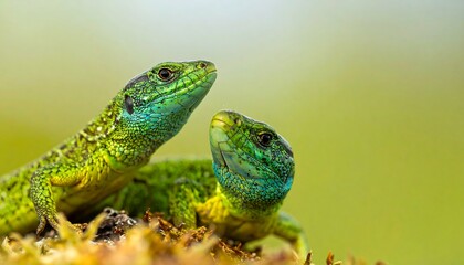 Fototapeta premium Two European Green Lizards basking in the sun, close-up.