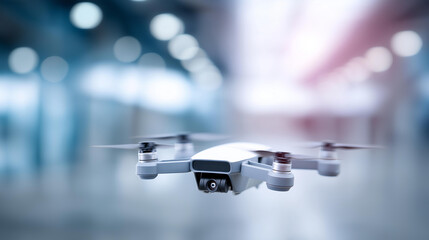 Grey drone standing ready with defocused action background, faceless UAV equipment, aerial visualization detail, blurred setting, advanced capabilities concept, engine interface, s