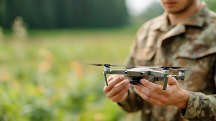 Fototapeta premium Soldier operating drone in field defocused camouflage gear, faceless reconnaissance mission, tactical visualization detail, blurred hovering background, military concept, control i
