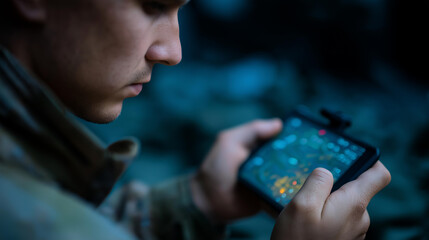 Ukrainian military using civilian drone defocused enemy detection, faceless modern technology, tactical visualization detail, blurred battlefield background, army concept, detectio