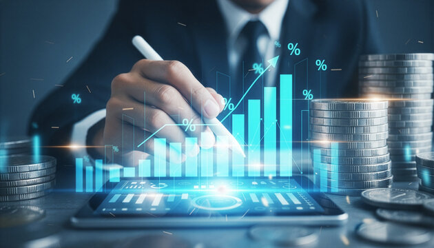 Businessman analyzing financial data on digital tablet with holographic growth chart and coin stacks, investment and fintech concept