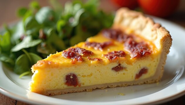 Slice of quiche Lorraine with bacon and cheese filling. Golden flaky crust served with fresh green salad. Delicious food for brunch or lunch.
