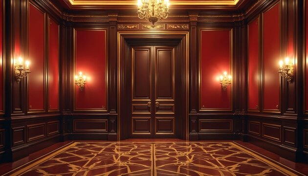 Opulent casino hall features red walls and rich wood paneling. Ornate chandelier hangs above double doors. Intricate floor design adds to luxurious atmosphere. Elegant sconces illuminate empty room.