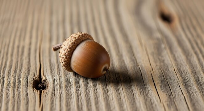 Close-up of a singular brown acorn resting upon textured weathered wood planks creating a rustic ambiance