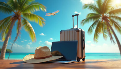 Travel bag, laptop, and hat sit on wooden deck. Airplane flies over palm trees. Tropical ocean beach offers vacation and remote work opportunity. Paradise awaits.