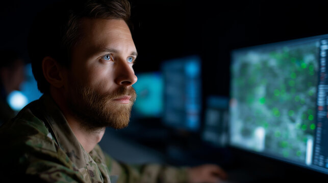 Soldier operating high-tech monitor with defocused drone imagery, faceless military technology, surveillance visualization detail, blurred screen background, capabilities concept,