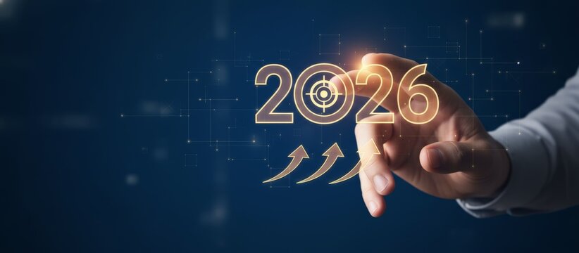 Hand interacting with a glowing digital 2026 text featuring a target icon and rising arrows, symbolizing future goals, strategic planning, and successful achievement in business - Powered by Adobe