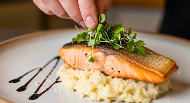 Exquisite salmon fillet elegantly topped with fresh microgreens and sauce