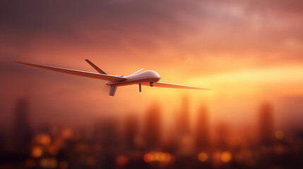 Military drone ascending over city defocused twilight sunset, faceless urban operation, aerial visualization detail, blurred orange background, surveillance concept, tactical inter