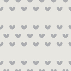 Ultra-minimalist vector seamless pattern of simple, rounded pale gray hearts repeating in horizontal rows on a light off-white background, perfect for clean, serene contemporary design.