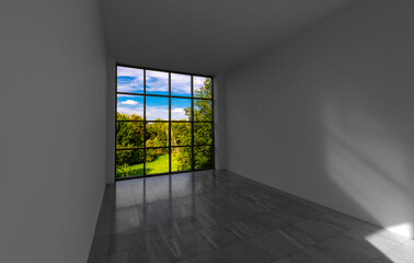 Square window with panoramic view into a public park scenery on a sunny summer day. Colorful outdoor scenic park seen through 16 glass squares contrasting with black and white bare room.