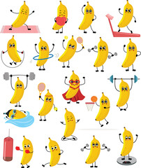 Naklejka premium Fun Collection of Energetic Banana Characters Exercising and Playing Sports