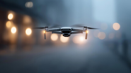 Drone hovering in air with defocused background blur, faceless UAV concept, aerial visualization detail, blurred atmospheric setting, surveillance symbol, technology interface, fli