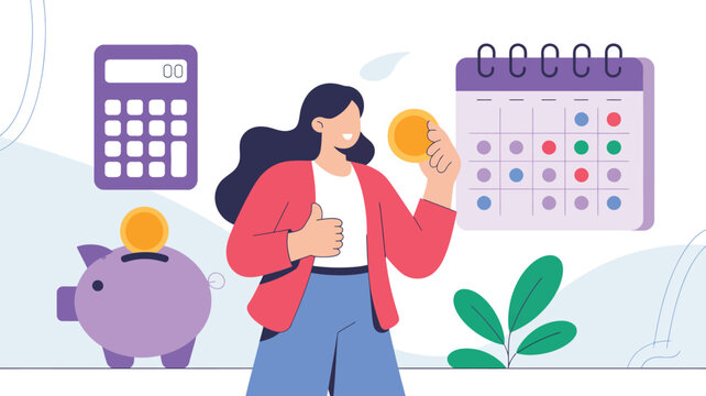 Woman holding coin with thumbs-up gesture, surrounded by piggy bank, calculator, and calendar, symbolizing financial planning and savings - Powered by Adobe