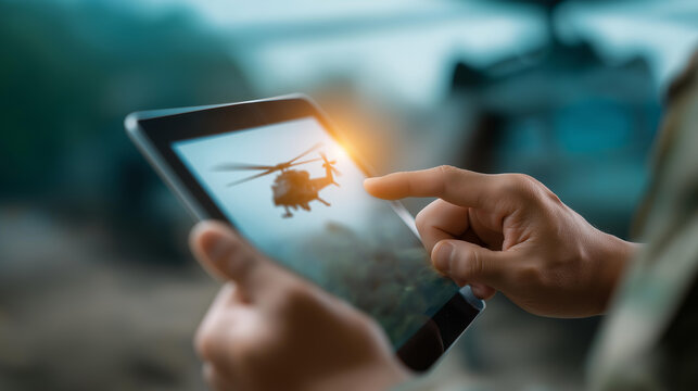 Soldier using tablet controlling military defocused drone, faceless combat operation, tactical visualization detail, blurred zone background, battlefield technology concept, contro