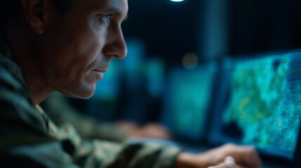 Command interface showing military maps defocused autonomous data, faceless next-gen strategy, tactical visualization detail, blurred screen background, drone concept, command inte