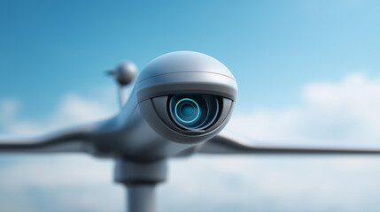 Combat drone launching laser attack defocused blue sky, faceless military demonstration, weapon visualization detail, blurred clear background, precision warfare concept, technolog