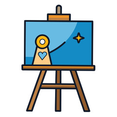 Colorful cartoon drawing of an artist's easel with a painting of a figure artist easel canvas