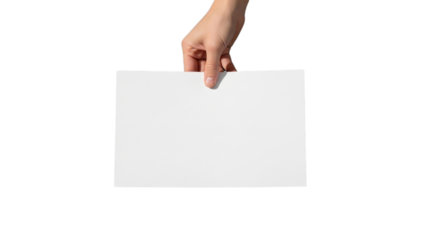 Hand holding horizontal white paper sheet with copy space
