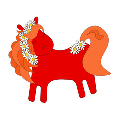 Red horse with a wreath of daisies