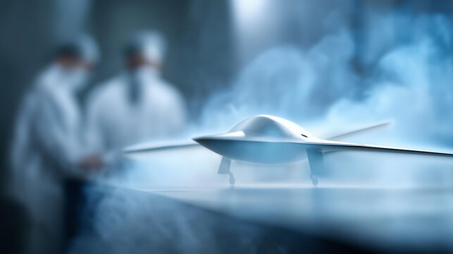 Engineers checking drone aerodynamics in defocused wind tunnel, faceless laboratory development, testing visualization detail, blurred steam background, UCAV manufacturing concept,