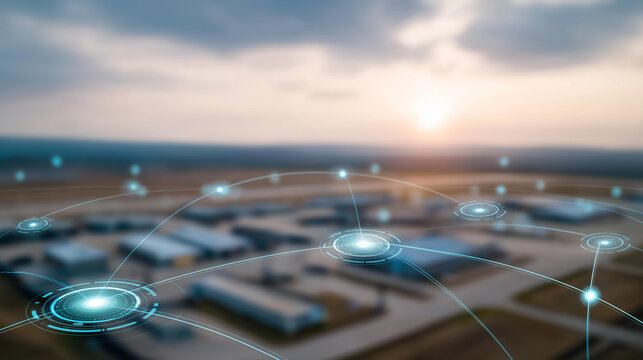 Aerial satellite view of military base defocused desert location, faceless intelligence banner, strategic visualization detail, blurred facility background, security concept, defen