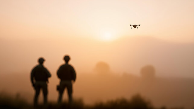 Soldiers and drone silhouettes in defocused foggy landscape, faceless technological warfare, navigation visualization detail, blurred dawn background, mystery concept, combat inter