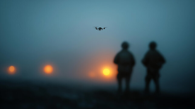 Soldiers and drone silhouettes in defocused foggy landscape, faceless technological warfare, navigation visualization detail, blurred dawn background, mystery concept, combat inter