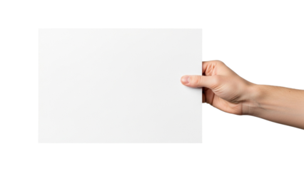 Hand displaying horizontal white paper with copy space